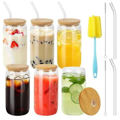 6 Trinkgläser mit Deckel & Strohhalm, 500 ml, Borosilikatglas