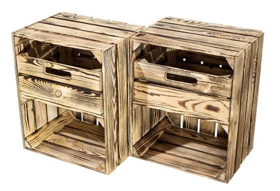 Produktbild von 3er Set geflammte/verbrannte Holzkiste mit Schublade Quer 50cm x 40cm x 30cm Obstkiste Weinkiste Regal Holzregal Box
