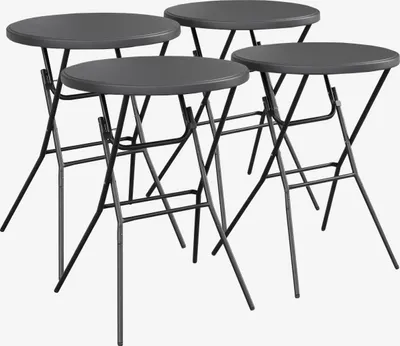 Four dark gray folding party tables are shown from a slightly elevated angle against a light gray background.