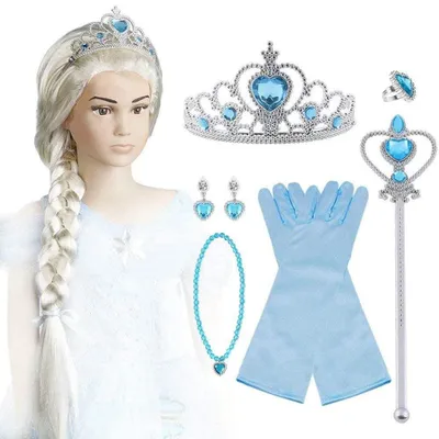 Immagine prodotto di Vicloon Set Principessa di Ghiaccio, composto da 9 pezzi: guanti,  a forma di cuore di pesca, bacchetta magica, collana, anello, orecchini, parrucca clip-on, ideale per Halloween, Natale, feste di compleanno, costumi – colore blu, set da 9 pezzi