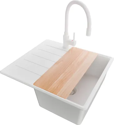 Produktbild von PRIMAGRAN Granitspüle Alles Weiß 55x50cm, Spülbecken 1 Becken + Ablauf-Set + Küchenzubehörset, Küchenspüle ab 40er Unterschrank - Kopenhagen