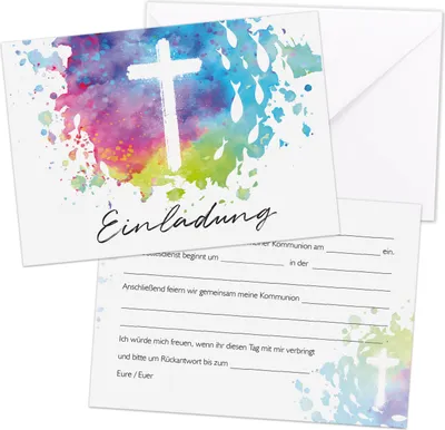 Produktbild von younikat 15 Stück Einladungskarten Kommunion I DIN A6 (10,5 x 14,8 cm) I zum Ausfüllen mit Lückentext I inkl. Umschlägen I Postkarte Fische bunt Kreuz I dv1565