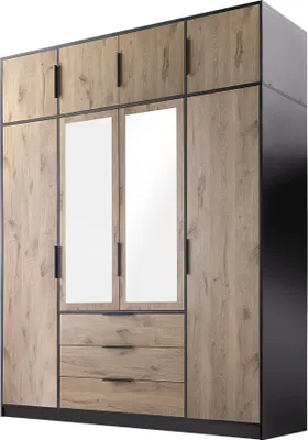Produktbild von MIRJAN24 Kleiderschrank Lati D4 mit Schrankaufsatz, Drehtürenschrank mit 4 Drehtüren und 3 Schubladen, Frontspiegel (Farbe: Schwarz / Eiche Viking)