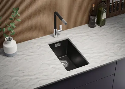 Produktbild von PRIMAGRAN Unterbauspüle Granit Schwarz 26x47cm, Spülbecken 1 Becken + Ablauf-Set, Granitspüle ab 30er Unterschrank - London