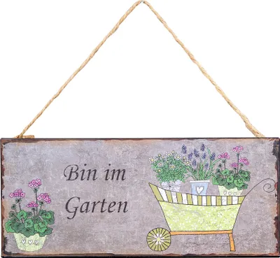 Produktbild von Gartenschild L30cm Bin im Garten Spruch Metall Wandbild Garten Deko Wandbild Wanddeko Türschild Schild Metallbild