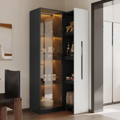 Immagine prodotto di Armadio multifunzionale 70x40x160 cm - Vetrina LED con porta in vetro temperato e telaio in alluminio, cassetto laterale su rotelle, bianco e nero