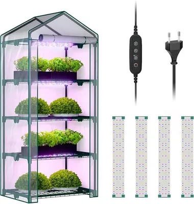 Produktbild von 4-stöckiges Zimmergewächshaus mit LED-Wachstumslichtern, 68,5 x 48 x 157,5 cm, Mini-Gewächshaus, PVC-Abdeckung, dimmbar, 28 W Timer-Steuersystem für Saatgutstart und Pflanzenwachstum