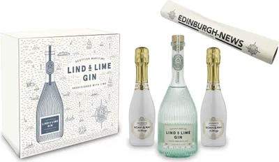 Produktbild von Lind & Lime Geschenkset - Gin 0,7L (44% Vol) mit 2x Scavi Ice Prestige 0,2L (12% Vol) + Lind & Lime Edinburgh News Zeitung- [Enthält Sulfite]