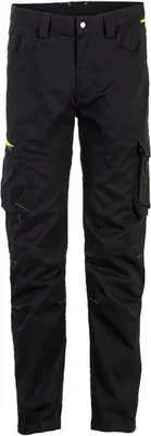 A pair of black work pants with yellow accents.