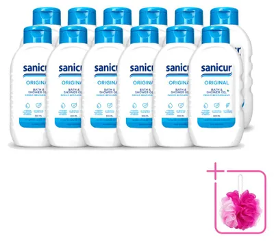 Image de 12 flacons de gel douche et bain Sanicur, parfum original, 300 ml chacun. Pack économique de 12 pièces