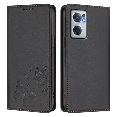 Produktbild von Lederhülle für OnePlus Nord CE 2 5G, Schmetterling Prägung Leder Brieftasche Schutzhülle mit Ständer Schwarz