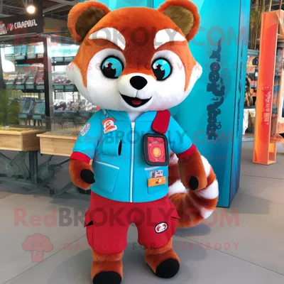 Produktbild von Türkisfarbener REDBROKOLY roter Panda Maskottchen Kostüm charakter gekleidet mit einem T-Shirt und Geldbörsen