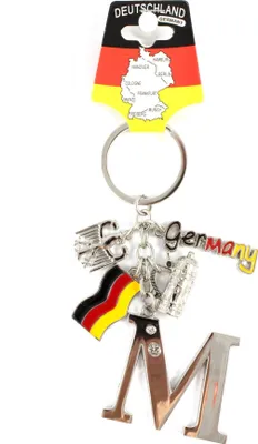 Produktbild von Schlüsselanhänger "M" H.: 11cm Buchstaben/Letter/Initalien/Alphabet/ABC mit Glitzersteinen & Charms Bierkrug/Adler/Deutschland-Fahne/Germany