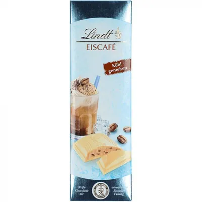 A chocolate bar packaging with an image of an iced coffee and chocolate pieces.