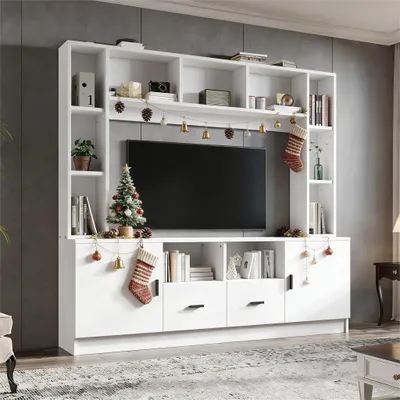 Produktbild von Wandmontiertes TV-Möbel 180x35x170cm, Wohnzimmer-Set mit 2 Schränken, 2 Schubladen und 11 Fächern für Fernseher bis zu 60 Zoll, Weiß