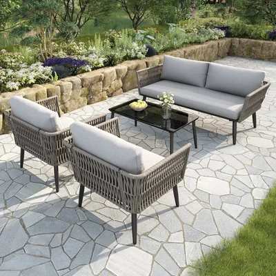 Produktbild von Odikalo Gartenlounge-Set Gartenmöbel 2-Sitzer-Sofa Kissen Geflecht Sessel Glas Couchtisch Grau