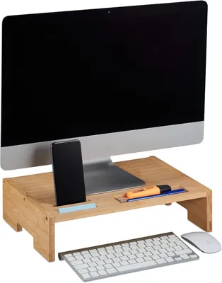 Zdjęcie produktu dla Stojak na monitor z bambusa - 3 przegródki - do biurka - do biura - 10,5 x 41 x 28 cm - podwyższenie dla monitora - naturalny