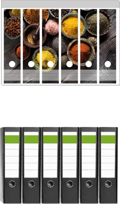 Produktbild von Wallario 6 Stück breite Ordner inkl. Klebeetiketten mit Motive Bunte getrocknete Gewürze -  Set mit Rückenschildern / Ordnerrücken Stickern