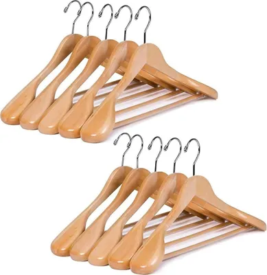 Produktbild von Kleiderbügel 10 Stück aus Holz mit extra breiter Schulterauflage Non-Slip, for Shirts, Coats, Jackets,  Suits, 360° Rotating Hook （Farbe Naturholz）