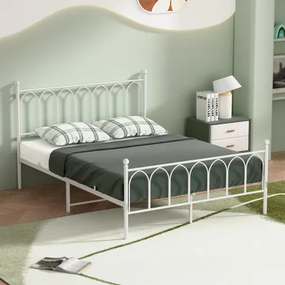 Produktbild von MODFU Metallbett Jugendbett 140×200 mit Matratze,Doppelbett mit Stauraum,Bettrahmen mit Kopfteil und 11 Metalllatten,Weiß