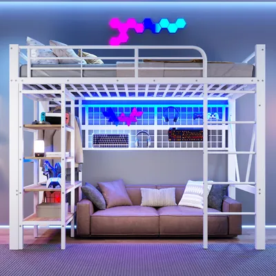 Immagine prodotto di Letto a castello Flieks 90x200 cm con appendiabiti e ripiano, letto a soppalco con LED, lettino con sponda e scaletta, letto a castello in metallo bianco