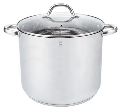 A stainless steel stockpot with a glass lid and handles, shown from a front-side angle against a white background.