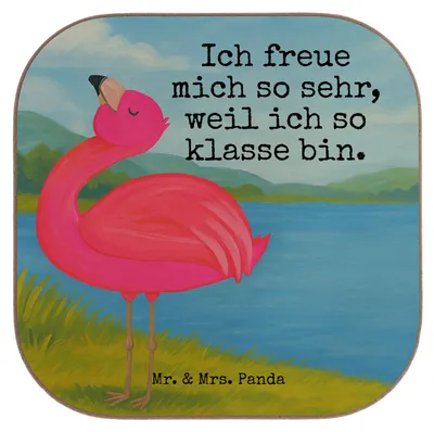 Produktbild von Mr. & Mrs. Panda Holzuntersetzer Flamingo Stolz Design - Weiß - Geschenk, bieruntersetzer, Freude, Mama, Tassenuntersetzer, Untersetzer, für Gläser, Rosa, Coaster