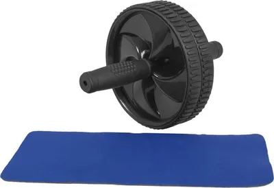 A black ab roller and a blue mat are shown against a white background.