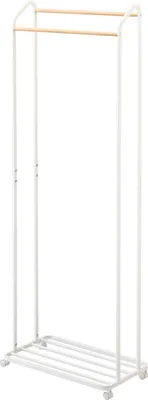 A white metal garment rack with a wooden top bar and a lower shelf, shown against a white background.