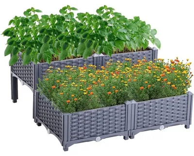 Produktbild von Hochbeet Kunststoff-Rattan 80x80x23-38 cm höhenverstellbar Graublau