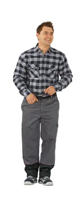 A man wearing work pants and a plaid shirt, standing against a white background.