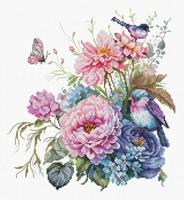 Image de Kit de broderie au point de croix "Les oiseaux - Été", dimensions : 23 x 25 cm
