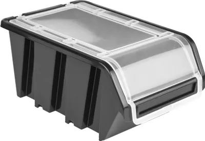 A black plastic storage box with a clear lid is shown from a three-quarter angle against a white background.