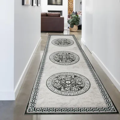 Image de Tapis oriental avec bordure & fil scintillant crème gris Taille - 80 x 300 cm