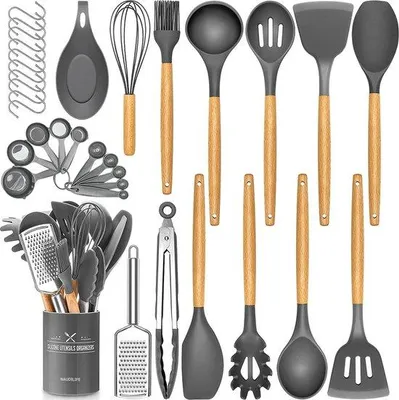 Immagine prodotto di Set di 34 stampi per biscotti in silicone resistenti al calore, con manici in acciaio inossidabile di alta qualità, per la cottura al forno e in cucina, set da 34 pezzi, grigio