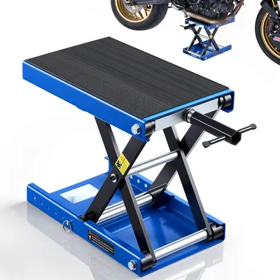 Produktbild von Motorradheber - Scherenheber 499 kg Tragkraft - Höhenverstellbar 9,5-34 cm - Breite Auflagefläche - Mit Sicherheitsbolzen - Stahlkonstruktion - Für Straßenmotorräder & Cruiser - Schwarz Blau