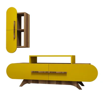 A yellow TV cabinet and a wall-mounted cabinet against a white background.