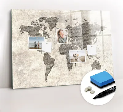 Produktbild von Magnetpinnwand Memoboard - Zubehörsatz - Schwarzer Marker + Schwamm + Magnete - 100 x 70 cm - Zeitungsweltkarte