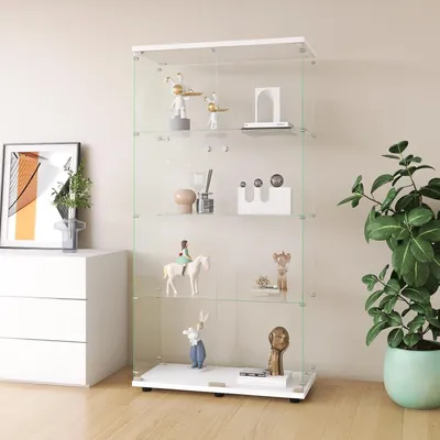 Obrázek produktu pro Skleněná vitrína, výška 164,5 cm, 2 dvířka, 4 police, bílá barva, bez osvětlení
