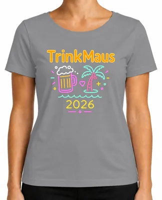 Obrázek produktu pro TrinkMaus 2026, párty, dovolená, Mallorca, rozlučka se svobodou, pivo, palma, neonové barvy, dámské tričko, šedá barva, velikost 3XL