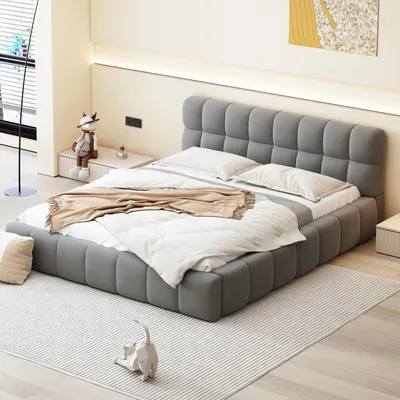 Obrázok produktu pre Čalúnená posteľ 140 x 190 cm, posteľ pre mladých, manželská posteľ s mäkkým operadlom, plochá posteľ s čalúneným obložením, sivá ,bez matraca