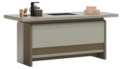 Image de Bureau moderne marron avec espace de rangement pratique et design élégant