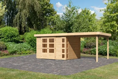Produktbild von Karibu Gartenhaus Gerätehaus Kerko 5 im Set mit Anbaudach 2,80 m Breite naturbelassen 557x246x210 cm