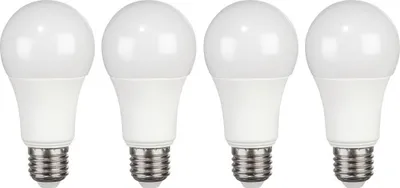 Four white LED light bulbs are lined up horizontally against a white background.