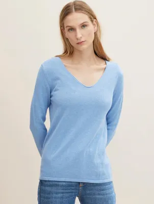 Produktbild von Dünner Strickpullover Knitted Basic Stretch Sweater Langarm V-Neck | S