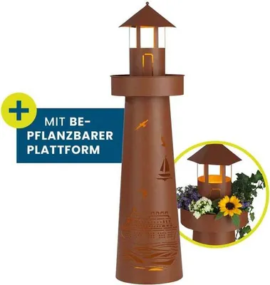 Produktbild von Hoberg LED Pflanzsäule Leuchtturm Design Rost-Optik In-& Outdoor LED-Beleuchtung 6h Timer kabellos Plattform individuell bepflanzbar ø 21 x 80 cm