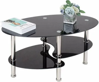 Produktbild von Couchtisch Beistelltisch Kaffetisch Couchtisch Glas - Oval  Schichten mit Ablage  Metallgestell  90x50x43cm Schwarz