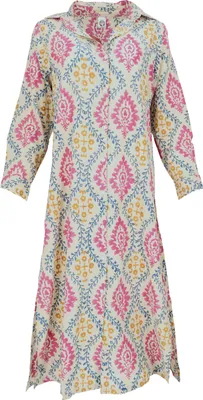 Produktbild von Boho Hemdkleid, Lange Geschlitzte Tunika Blockdruck - Beige/bunt, Damen, Creme-weiß, Baumwolle, Größe: L