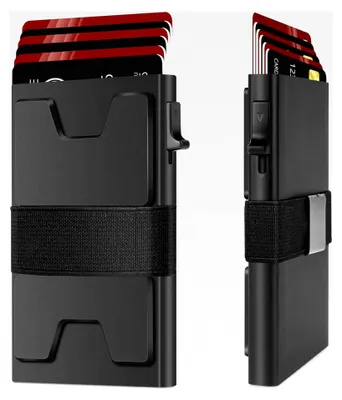 Produktbild von Herren Geldbörse, Pop Up Kartenetui mit RFID Schutz, Minimalistische Smart Wallet, Metall-Kartenhalter, Magnetisches Slim Wallet mit Rückplatte und Geldband, Schwarz