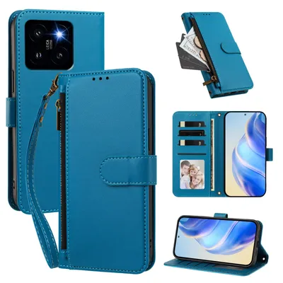Obrázek produktu pro Peněženkové pouzdro pro Xiaomi 14 Pro,Polyuretankožené pouzdro s přihrádkami na karty, stojánkem a poutkem na ruku Modrá